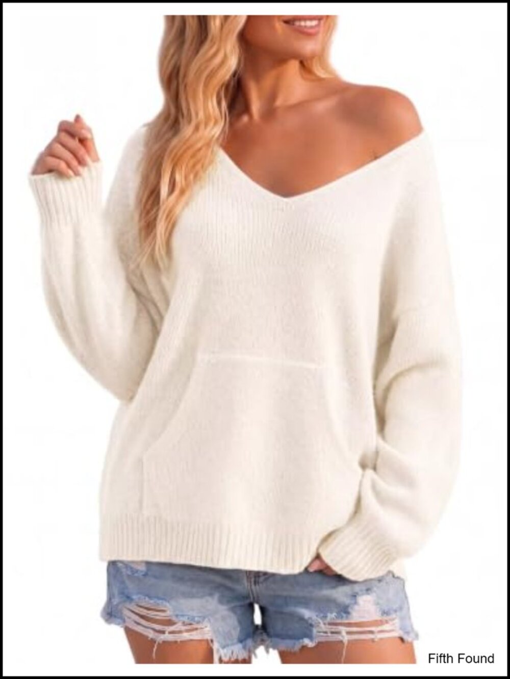 Women's Oversized Off The Shoulder V Neck Knit Pullover Sweater with Kangaroo